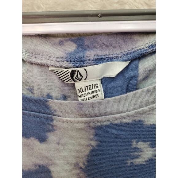 Volcom Shirt Top Womens XL Blue Tie Dye Cotton Round Neck High Low Slit Pleated - Picture 7 of 8